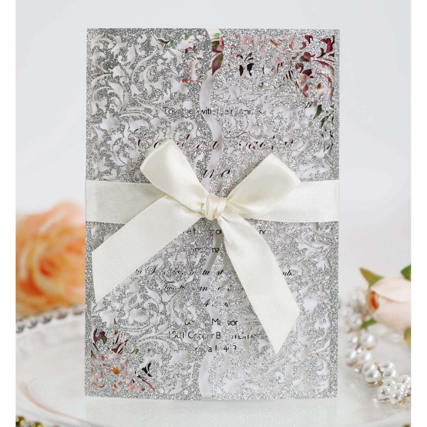 Marriage Invitation Card With Ribbon Bow Laser Cut Glitter Paper Wedding Supplies